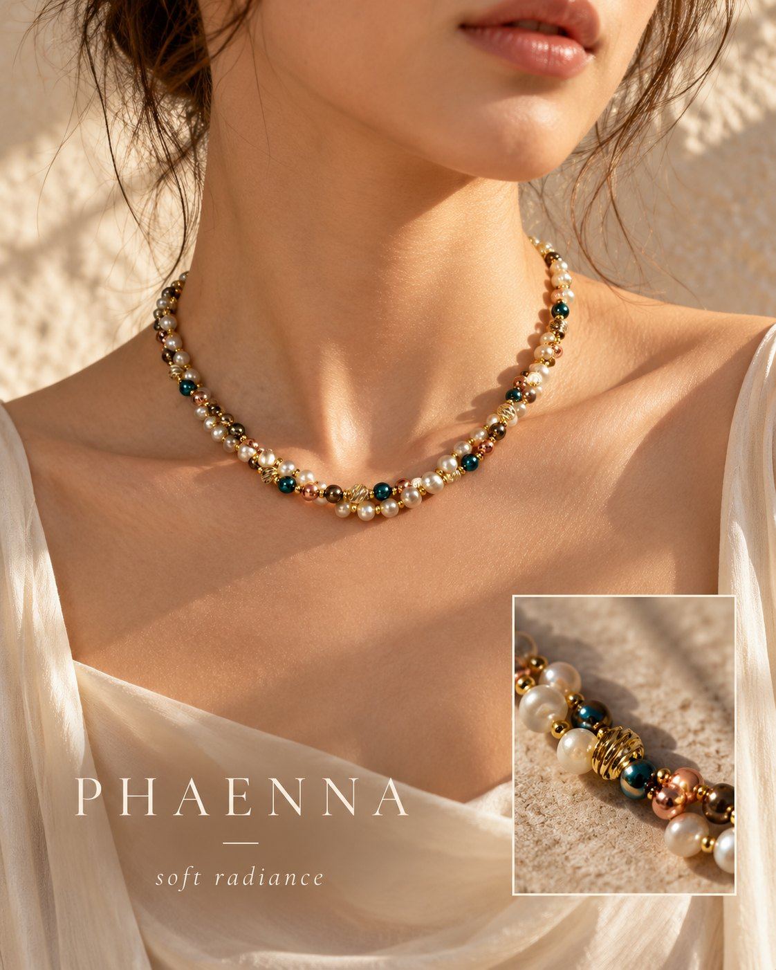 Fildişi ipek bir üstle Phaenna kolye; köşede yakın çekim ve “PHAENNA, soft radiance” yazısı.