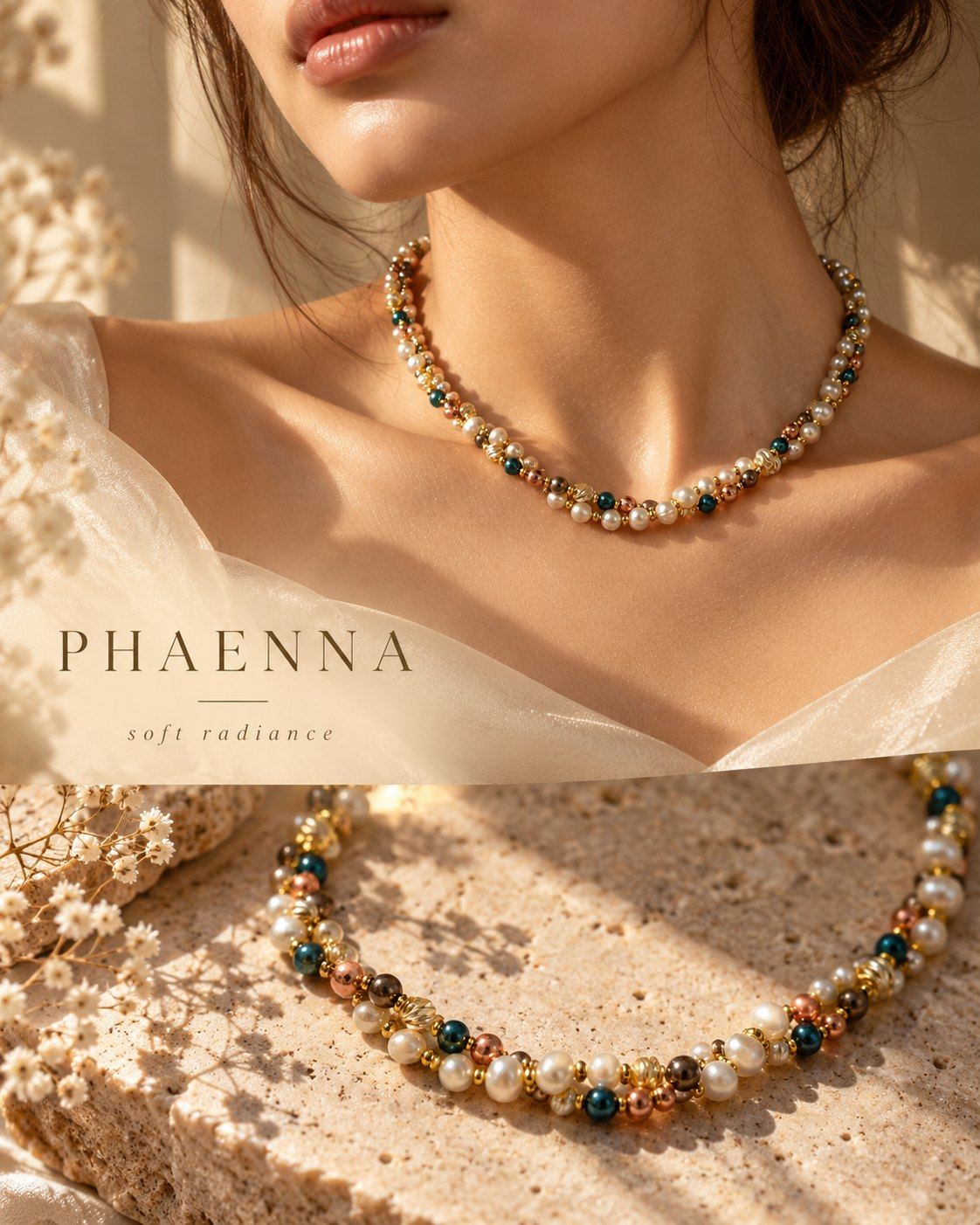 Boyunda Phaenna kolye ve altında küçük beyaz çiçekler arasında taş üzerindeki kolyenin yakın çekimi; “PHAENNA, soft radiance” yazısı.